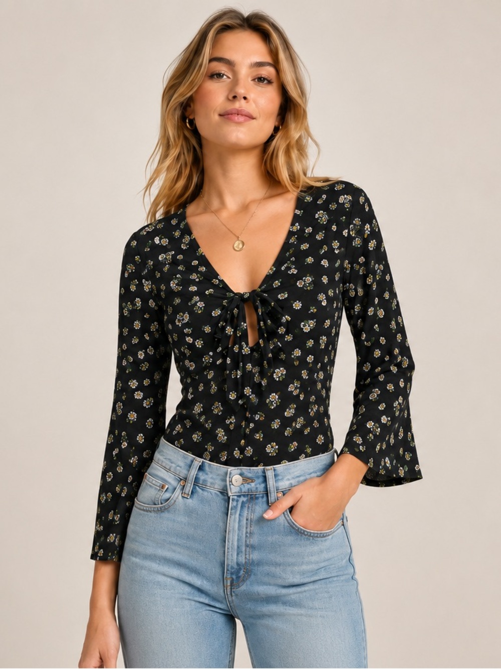 Intimately by Free People Black Floral Tie-Front Bodysuit XS